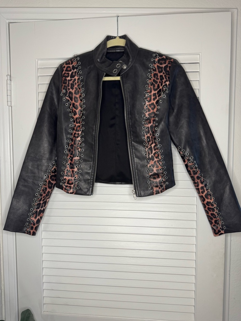 I.AM.GIA Black Leather Moto Jacket with Leopard Panels